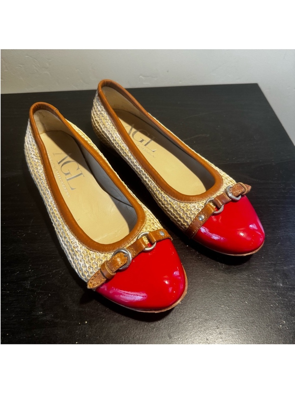 AGL Attilio Giusti Leombrini Monika Red Patent Cap Toe Ballet Flats Raffia